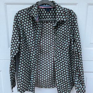 Boden button up pajama shirt, brown with blue polka dots